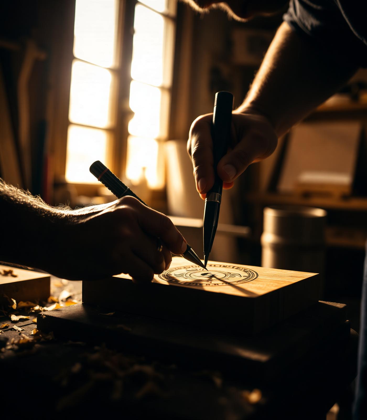 Mains d'artisan gravant du bois dans l'atelier
